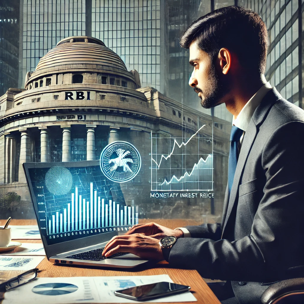 DALL·E-2025-02-19-12.47.35-A-professional-Indian-business-owner-analyzing-financial-charts-on-a-laptop-with-RBI-building-in-the-background.-The-screen-displays-loan-